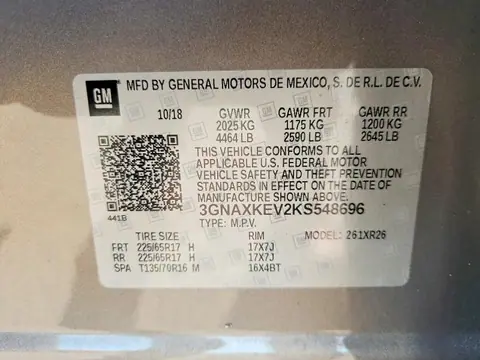 2019 CHEVROLET EQUINOX VIN 3GNAXKEV2KS548696 фото 13