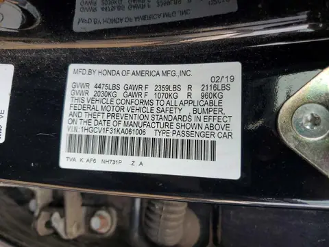 2019 HONDA ACCORD VIN 1HGCV1F31KA061006 фото 12