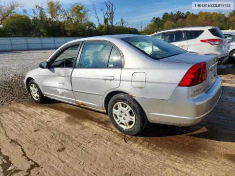 2002 Honda Civic Lx VIN 1HGES16522L019788 фото 2