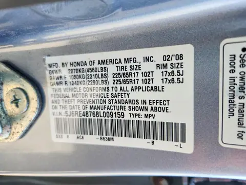 2008 HONDA CR-V VIN 5J6RE48768L009159 фото 13
