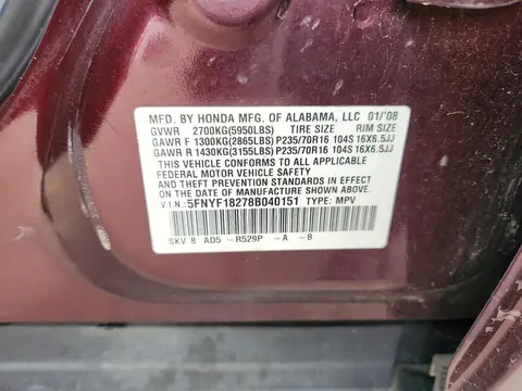 2008 Honda Pilot VIN 5FNYF18278B040151 фото 13