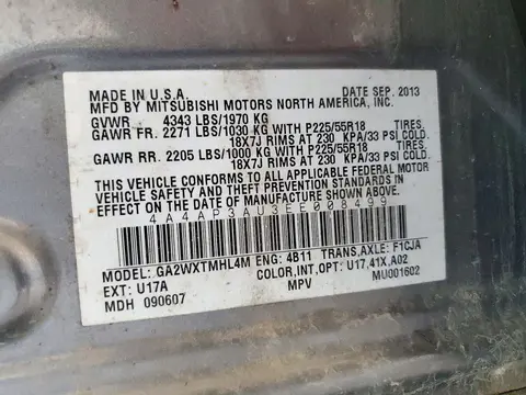 4A4AP3AU3EE008499 — 2014 Mitsubishi Outlander, Сторона, фото до ремонта