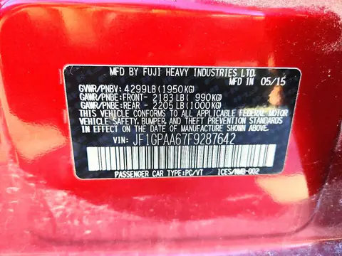 2015 SUBARU IMPREZA VIN JF1GPAA67F9287642 фото 13