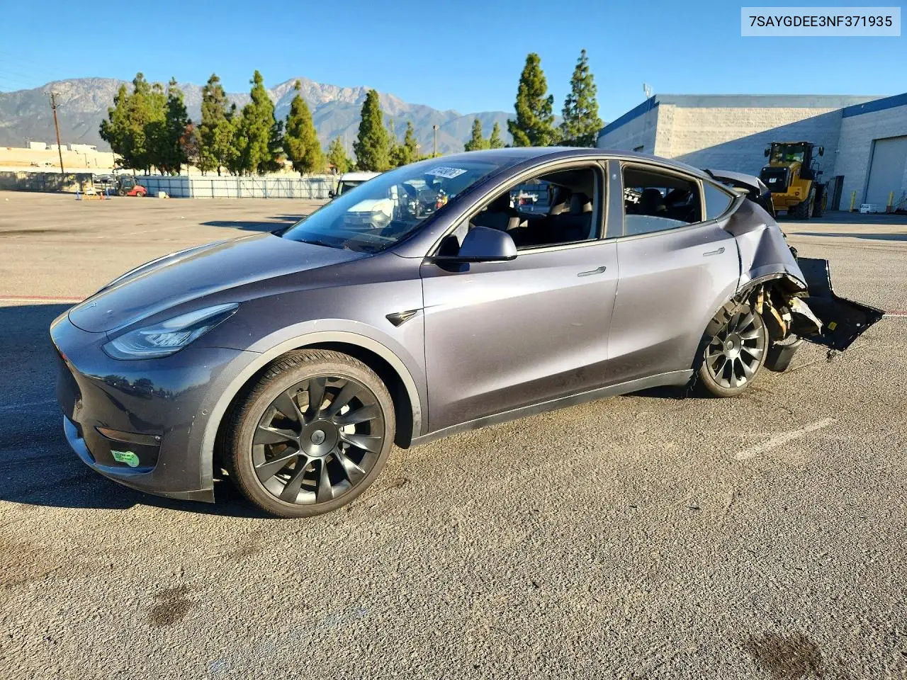 2022 Tesla Model Y VIN 7SAYGDEE3NF371935 фото 1