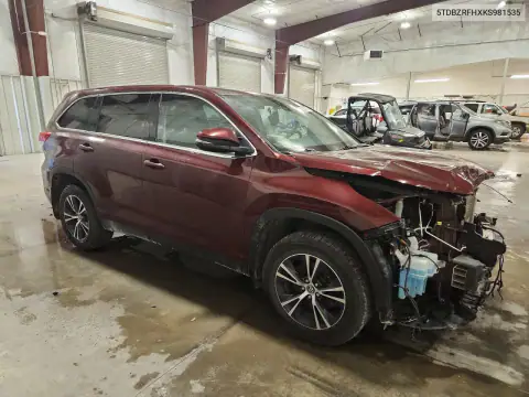 5TDBZRFHXKS981535 — 2019 Toyota Highlander, фото 4 с аукциона Copart, Передняя часть