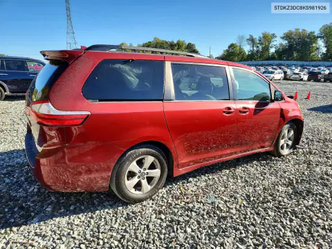 5TDKZ3DC8KS981926 — 2019 Toyota Sienna, фото 3 с аукциона Copart, Передняя часть