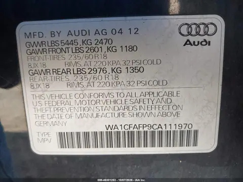 2012 Audi Q5 2.0T Premium VIN WA1CFAFP9CA111970 фото 10