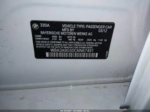 2012 BMW 335I VIN WBA3A9G50CNN67491 фото 10