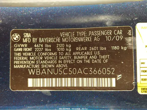 2010 BMW 528I VIN WBANU5C50AC366052 фото 10