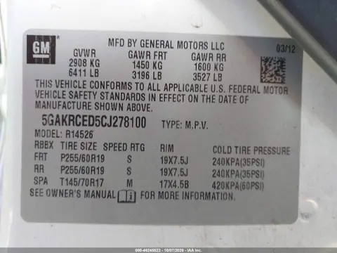 2012 Buick Enclave Leather VIN 5GAKRCED5CJ278100 фото 10