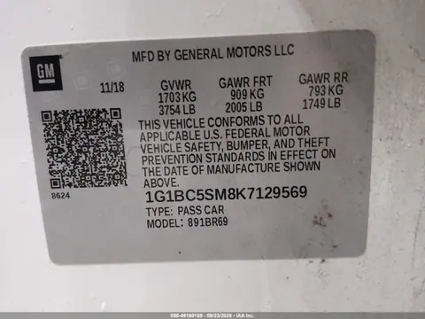 2019 Chevrolet CRUZE LS VIN 1G1BC5SM8K7129569 фото 9