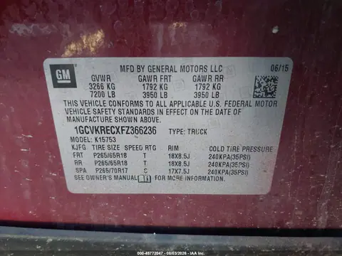 2015 Chevrolet Silverado 1500 Lt VIN 1GCVKRECXFZ366236 фото 9