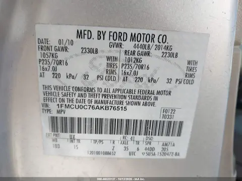 2010 Ford Escape Xls VIN 1FMCU0C76AKB76515 фото 10