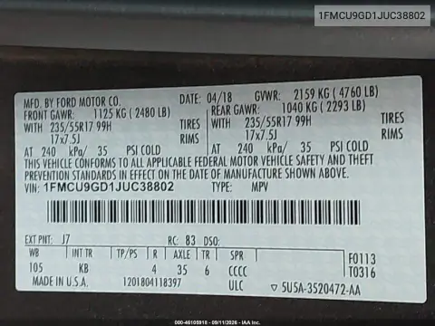 1FMCU9GD1JUC38802 — 2018 Ford Escape, Естественный износ, фото до ремонта