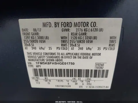 2017 Ford Explorer Limited VIN 1FM5K8FH5HGE01750 фото 10