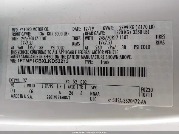 1FTMF1CBXLKD53213 — 2020 Ford F-150, фото 3 с аукциона IAAI, Естественный износ