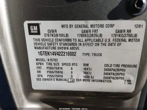 2002 GMC Sierra 1500 Sle VIN 1GTEK14V42Z218002 фото 10