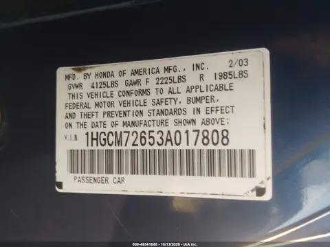 2003 Honda Accord 2.4 Ex VIN 1HGCM72653A017808 фото 10