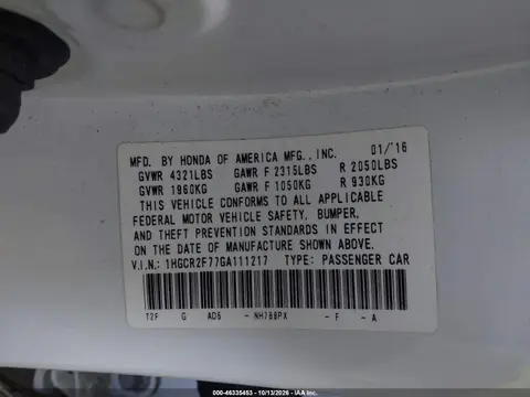2016 Honda Accord Ex VIN 1HGCR2F77GA111217 фото 10