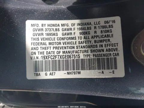 2016 Honda CIVIC EX VIN 19XFC2F7XGE067515 фото 9