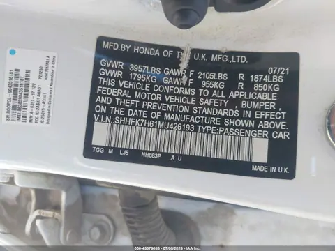 2021 Honda CIVIC EX VIN SHHFK7H61MU426193 фото 9