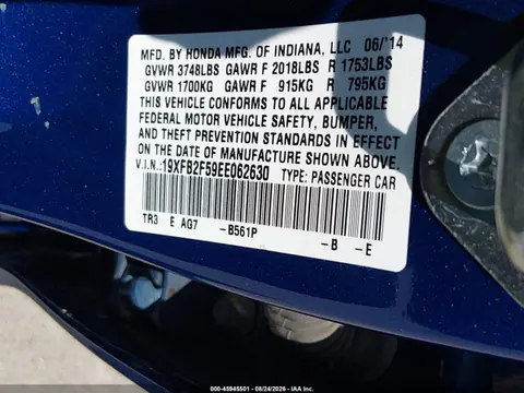 2014 Honda Civic Lx VIN 19XFB2F59EE062630 фото 9