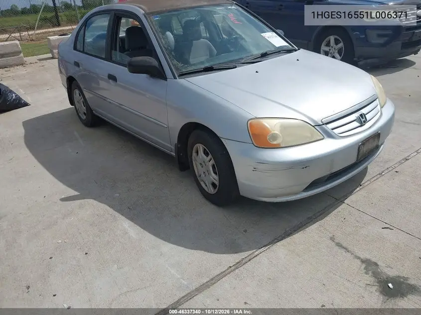 2001 Honda Civic Lx VIN 1HGES16551L006371 фото 2