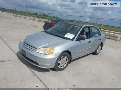 2001 Honda Civic Lx VIN 1HGES16551L006371 фото 3