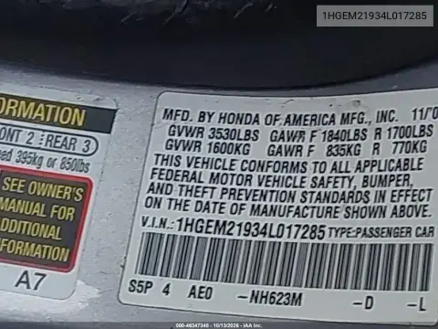2004 Honda Civic Ex VIN 1HGEM21934L017285 фото 10