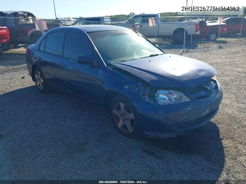 2005 Honda Civic Ex VIN 2HGES26775H564362 фото 2