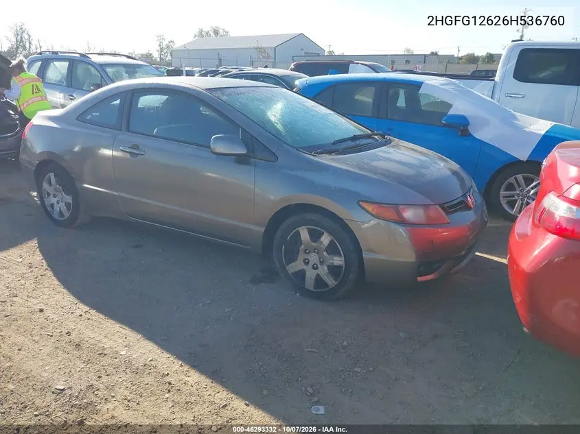 2006 Honda Civic Lx VIN 2HGFG12626H536760 фото 1