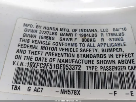 2016 Honda Civic Lx VIN 19XFC2F51GE053372 фото 10