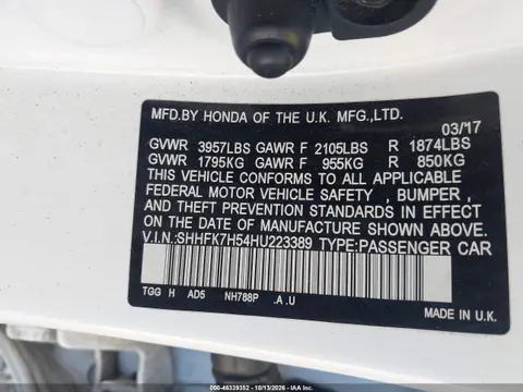 2017 Honda Civic Ex VIN SHHFK7H54HU223389 фото 10