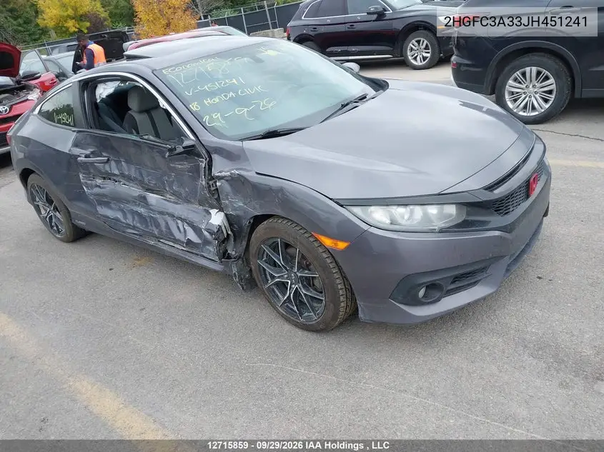 2018 Honda Civic Ex-T VIN 2HGFC3A33JH451241 фото 1
