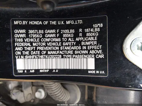 2019 Honda Civic Ex VIN SHHFK7H67KU202228 фото 10