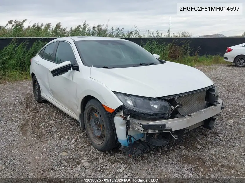 2021 Honda Civic Sport VIN 2HGFC2F81MH014597 фото 2