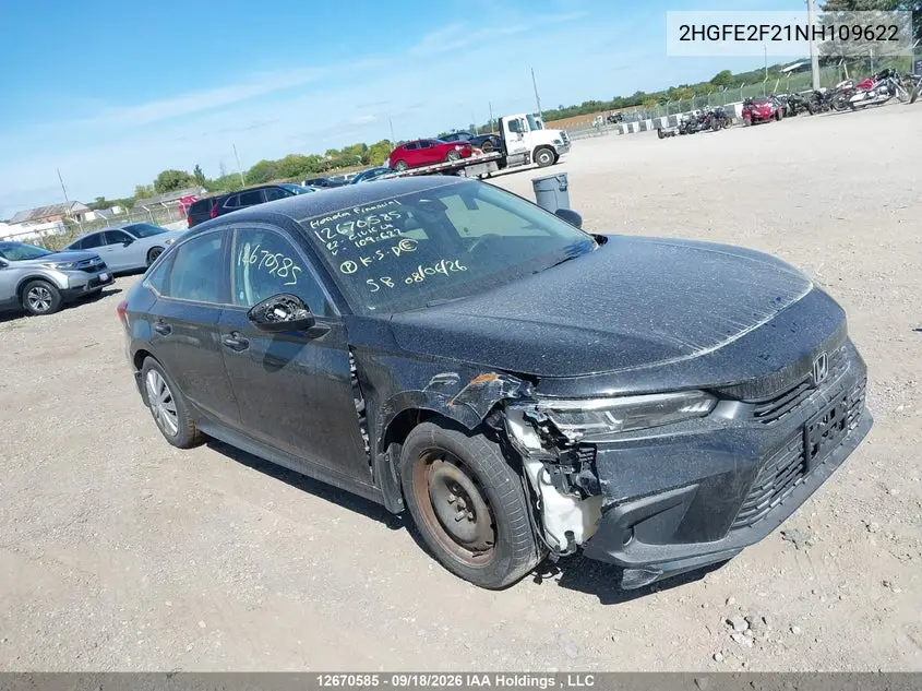 2022 Honda Civic Lx VIN 2HGFE2F21NH109622 фото 2