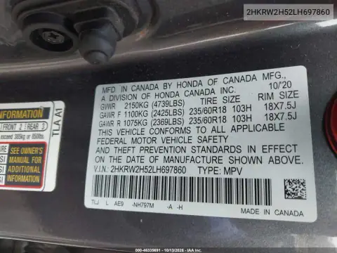 2HKRW2H52LH697860 — 2020 Honda CR-V, Сзади, фото до ремонта
