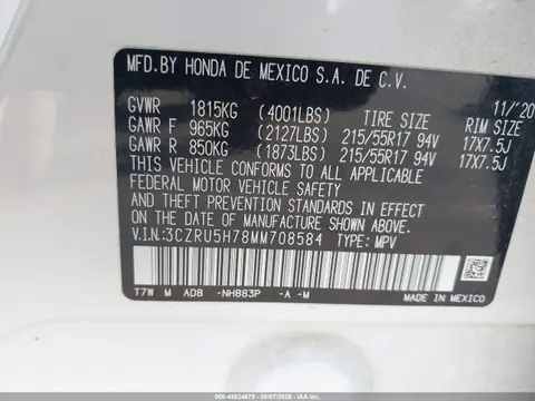 2021 Honda Hr-v 2wd Ex-l VIN 3CZRU5H78MM708584 фото 9