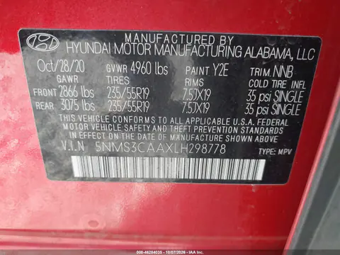 2020 Hyundai Santa Fe Sel 2.0T VIN 5NMS3CAAXLH298778 фото 10