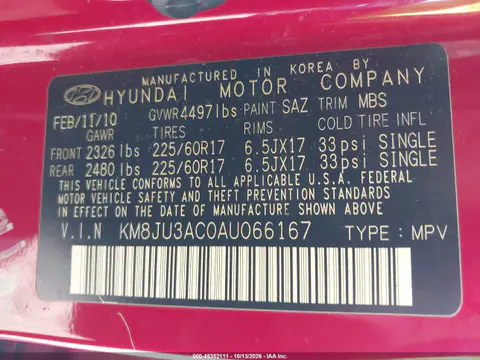 2010 Hyundai Tucson Gls VIN KM8JU3AC0AU066167 фото 10