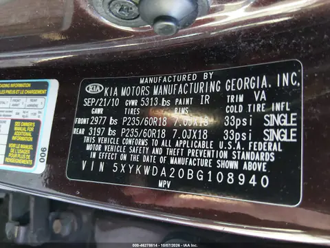 2011 Kia Sorento Sx V6 VIN 5XYKWDA20BG108940 фото 10