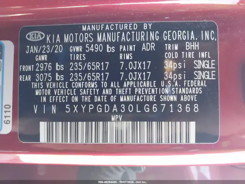 2020 Kia Sorento 2.4L Lx VIN 5XYPGDA30LG671368 фото 10