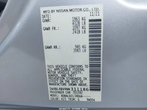 2022 Nissan Altima S Fwd VIN 1N4BL4BV4NN311186 фото 10
