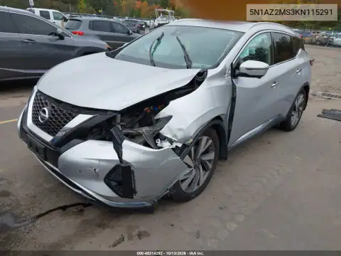 5N1AZ2MS3KN115291 — 2019 Nissan Murano, фото 2 с аукциона IAAI, Передняя часть справа