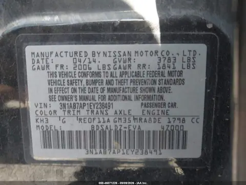 2014 Nissan Sentra Fe+ S/fe+ Sv/s/sl/sr/sv VIN 3N1AB7AP1EY238491 фото 9
