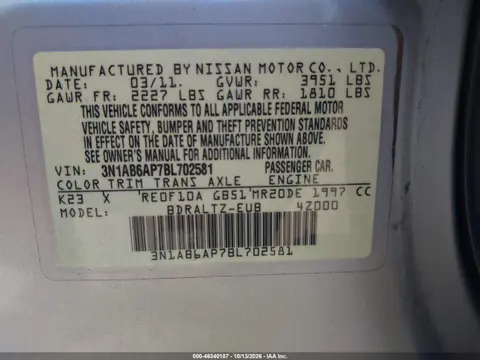 2011 Nissan Sentra 2.0S VIN 3N1AB6AP7BL702581 фото 10