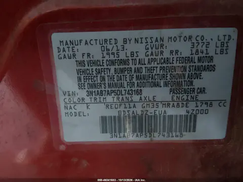 2013 Nissan Sentra Sv VIN 3N1AB7AP5DL743168 фото 10