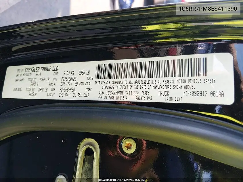 1C6RR7PM8ES411390 RAM 1500 2014 — повреждение Естественный износ, фото до ремонта