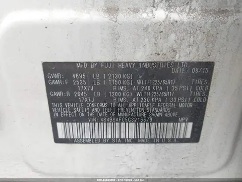 2016 Subaru Outback 2.5i Premium VIN 4S4BSAFC5G3215579 фото 9